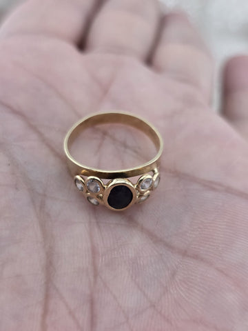 Vintage 14K Gold Italy Black Onyx White CZ Ring Bezel Cluster Band Size 6.5
