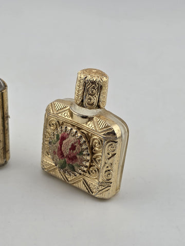 Rare Antique 1950's Mini Perfume Bottles Floral Needlepoint & Gold Tone MCM Lot