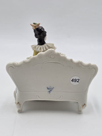 Vintage Dresden Lace Porcelain Lady Figurine Seated On Settee Sofa Germany 1078