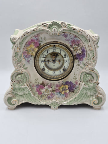 Antique 19thC Royal Bonn Germany La Corsica Ansonia Porcelain Mantel Clock Works