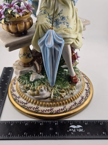 Vintage Dresden RK Germany Large Porcelain Figurine Lady W Parasol Flowers 12”