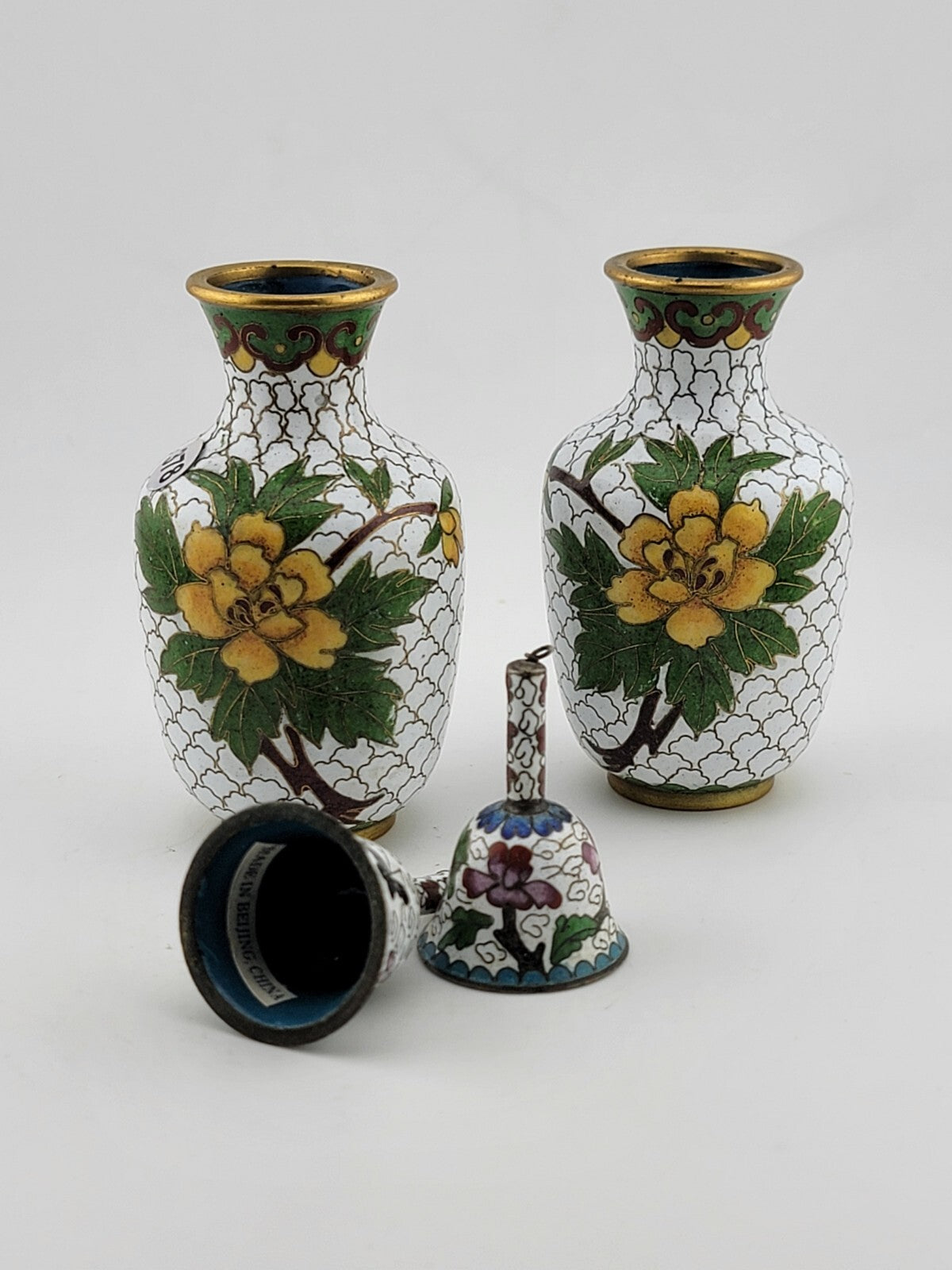 Gorgeous Assortment Of Mid Century  Cloisonne Including 2 VASES & 2 Baby Bells.