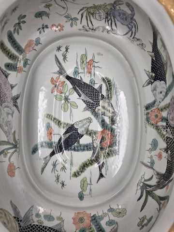 Antique XL Chinese handpainted Red porcelain 24kt gold Oval Footbath, Jardiniere