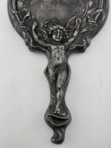 Antique Art Nouveau Silver Cupid Cherub Angel Figural Hand-Held Vanity Mirror