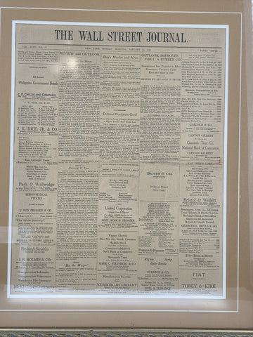 1929 Wall Street Journal Framed Newspaper Front Page Pre-Crash Financial Era