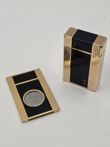 Rare Vintage ST Dupont Paris Gold Plate Black Lacquer Lighter & Cigar Cutter