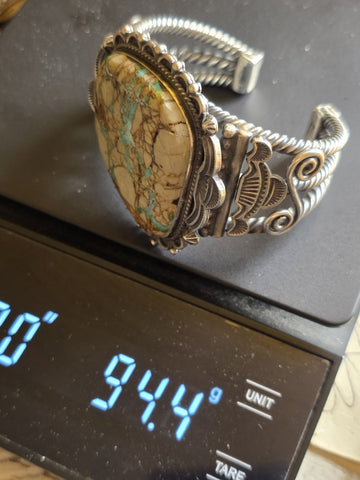 Huge Vintage Oscar Alexius Turquoise Sterling Silver Cuff Bracelet Navajo Signed