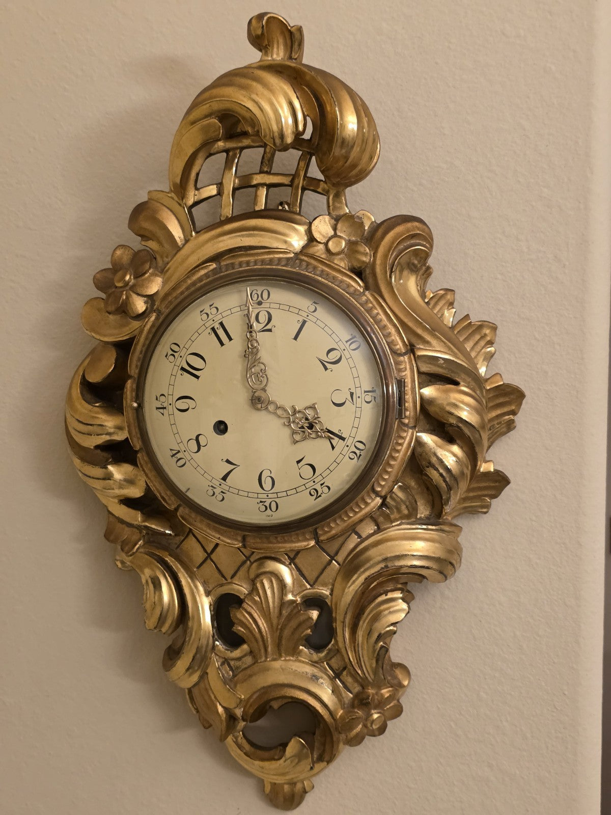 Antique Swedish Rococo Gold Gilt Wall Clock FHS Hermle Movement 1920s. Working.