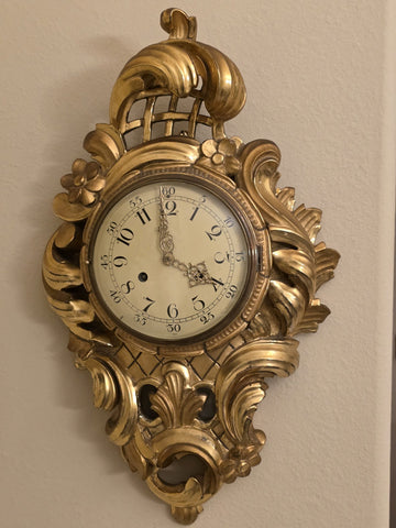 Antique Swedish Rococo Gold Gilt Wall Clock FHS Hermle Movement 1920s. Working.