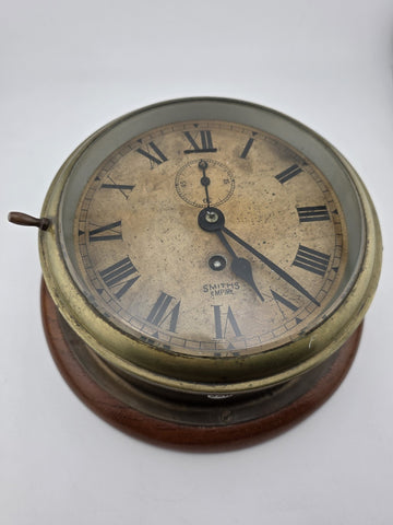 Antique Smiths Empire WWII Brass Marine Bulkhead Clock England Roman Dial. Works