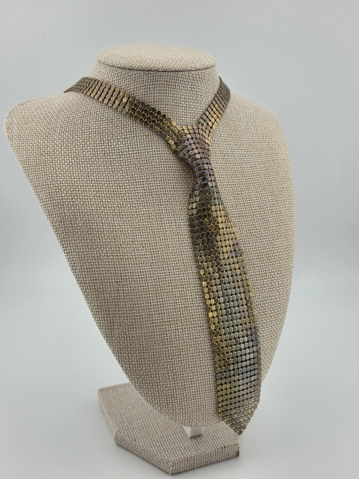 Vintage Gold & Silver Tone Mesh Tie Necklace Whiting Davis Style Fringe 70s