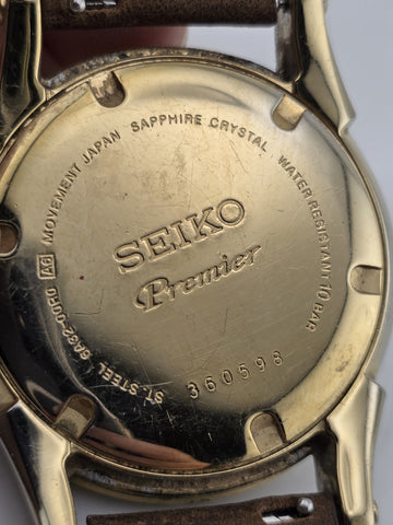 Vintage Seiko Premier SNQ118 Perpetual Calendar Brown Leather Band Mens Watch