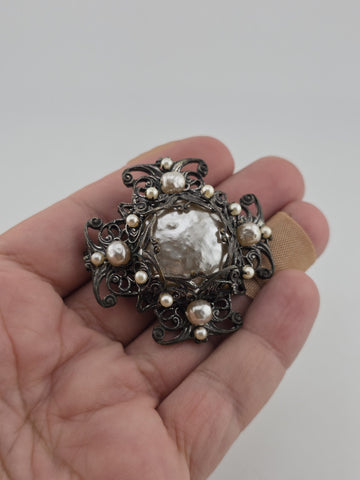 VTG 1950s Signed Miriam Haskell Brooch Pin 1 7/8 Filigree Faux Pearls Ornate