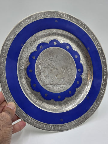 Set of 3 Antique Czech Silver Inlaid Blue Enamel Fairy Plates c.1910 Art Nouveau