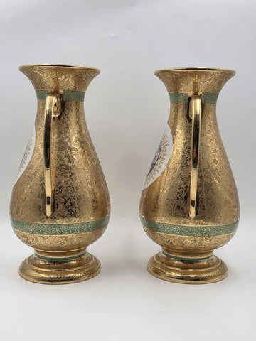 Pair Vintage Le Mieux 24 Karat Gold Handled Vases Victorian Scene Ladies Cherubs