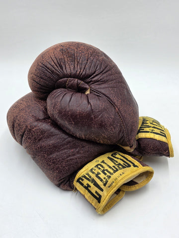 Antique 1950s Everlast 12oz Brown Leather Lace-Up Boxing Gloves Made in USA