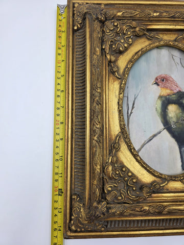 Antique Gilt Baroque Style Wood Framed Bird Painting On Wooden Oval Panel Decor.