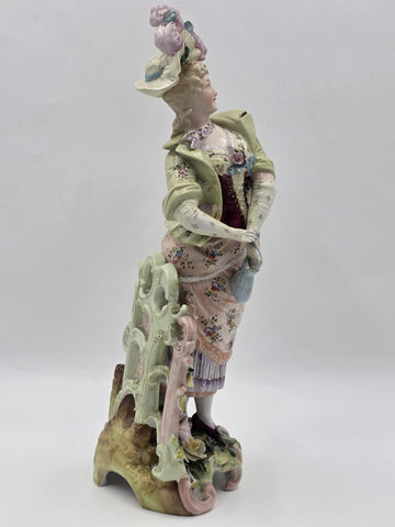 Antique 19th C German Dresden Style Porcelain Lady Figurine Bocage 16” Figure.
