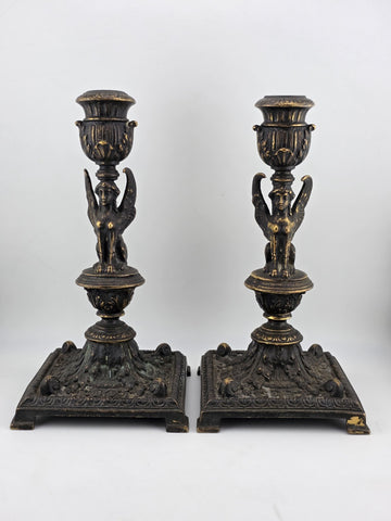 Ultra Rare 19th Century Egyptian Revival Gilt Bronze Sphinx Candlestick Holders