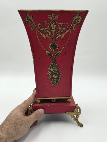 Antique 1940 Hollywood Regency Red Gold Toleware Planter Cachepot Louis XV Style