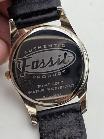 NIB Fossil PC-9626 Gold Tone Black Dial Quartz Watch Leather Strap 36mm