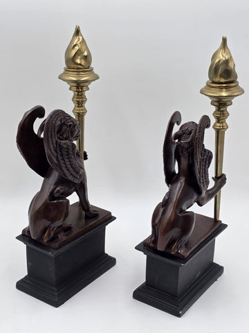 Rare Pair of Antique Late 19th C Heavy Bronze Griffin bookends/ Candleholders.