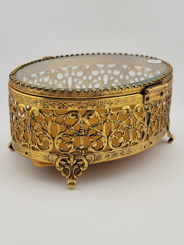 Vintage 1950s Hollywood Regency Ormolu Jewelry Casket Beveled Glass Filigree Box