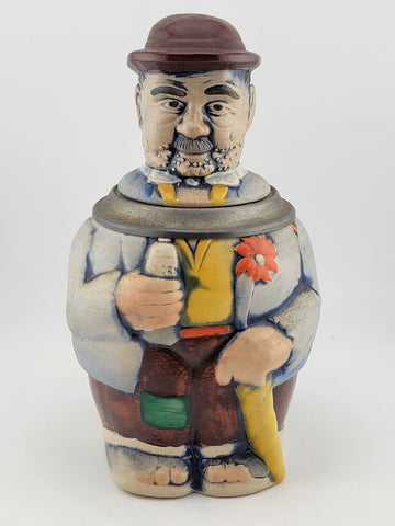 Rare Antique Westerwald Figuren-Bierkrug Lidded Beer stein Hikers With Grain