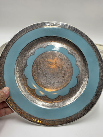 Set of 3 Antique Czech Silver Inlaid Enamel Fairy Plates c.1910 Art Nouveau