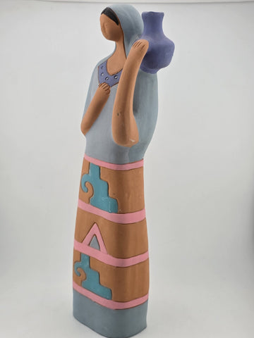Vintage Handmade Painted Clay Indeginous Pottery Woman Holding Pot 15" High