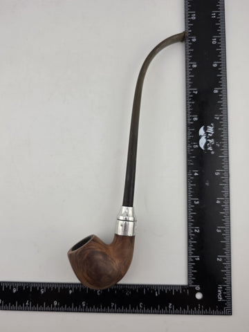 Rare Antique Briar Tobacco Pipe Bent Long Stem w Metal Band Estate Smoking Pipe