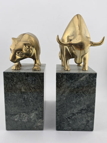 Book Ends Stock Market Bull & Bear MCM Brass and Marble Wall Street Bookends