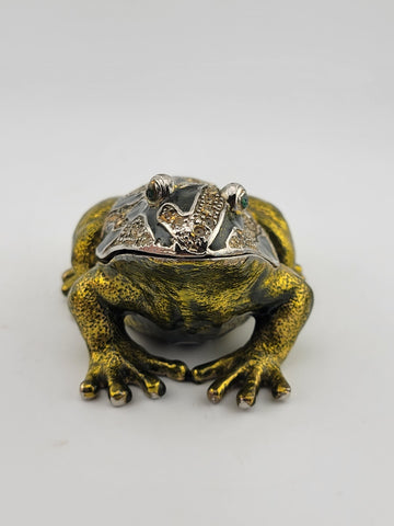 Black & Green Enamel Frog Trinket Box - Jeweled Gold Tone w/ Magnetic Closure