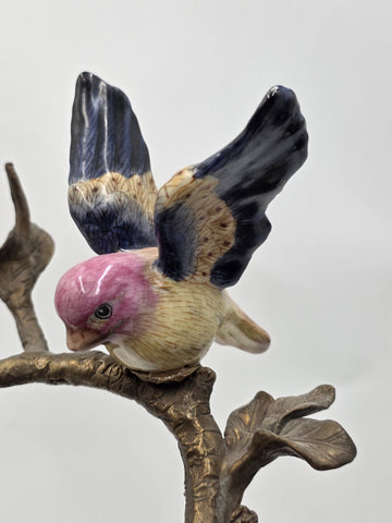 Vintage Celadon Cast Bronze Porcelain Birds Flowers Tree  Candle Holder Figurine