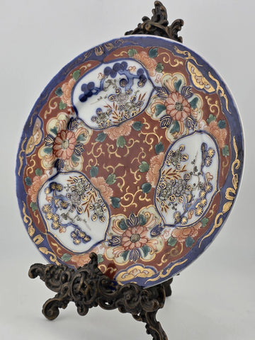 19th C Japanese Imari Plate Meiji Period Red Blue Gold w/ Victorian Brass Easel