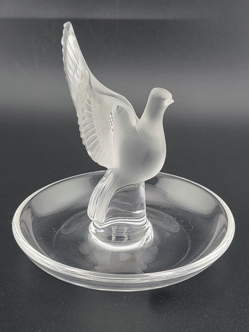 LALIQUE FROSTED CRYSTAL "THALIE" OPEN-WING DOVE RING or PIN TRAY