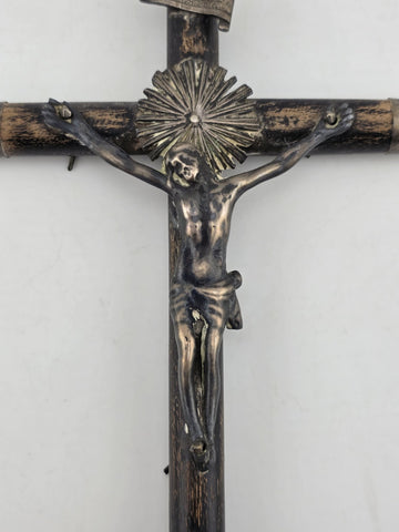 Antique 19th C Crucifix Metal Jesus On Wood Cross W Rare Tips Memento Mori Skull