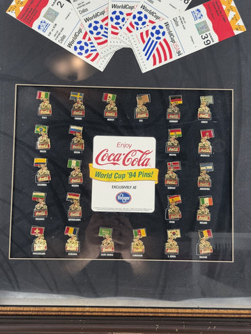 Rare Set 1994 FIFA World Cup USA Ticket Stubs + Coca Cola Pin Set Framed Display