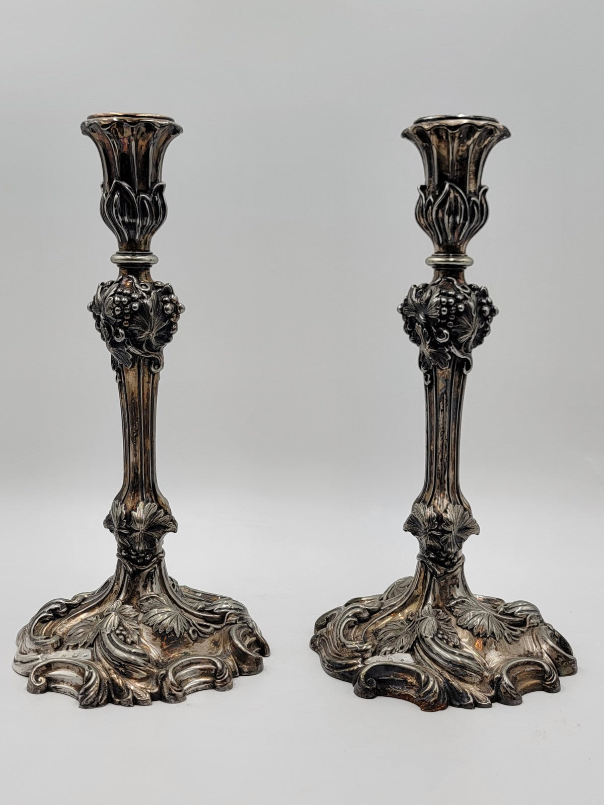Rare Pair of Antique 1857 English Victorian Silver Plated Elkington Candlesticks