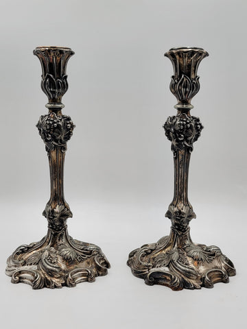 Rare Pair of Antique 1857 English Victorian Silver Plated Elkington Candlesticks
