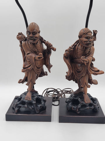 Pair Of Antique C 1910's Chinese Handcarved Boxwood Statues Made Into Lampshades