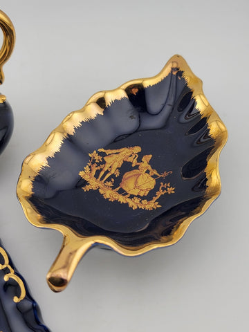 Set Of 3 Limoges Castel France Cobalt Blue 22 Karat Gold Pieces Courting Couple.