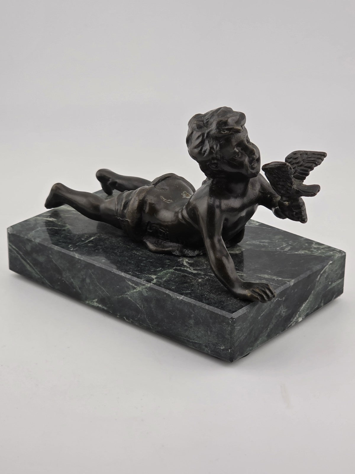 Vintage Small Bronze Child w/ Bird Figurine on Green Marble Pedestal Base Signed