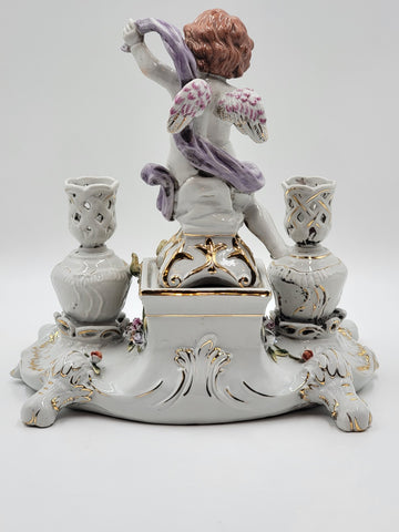 Rare Antique 19th C Porcelain Candle Holder Stand W Cherub & Flowers. Stamped.