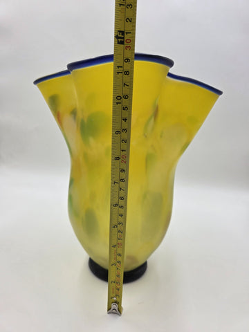Vtg Azerbaijan Handblown Art Glass Vase Yellow Freeform Cobalt Rim Studio 11.5in