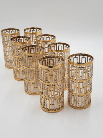 8 Vintage Mid Century Imperial Glass 22k Gold Shoji Trellis Highball Tumblers