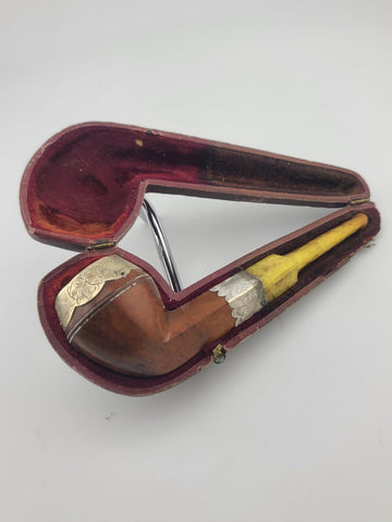 Antique 1940's Magyar Occa Pipe Silver Band Meerschaum Lined w/ Case Broken Stem