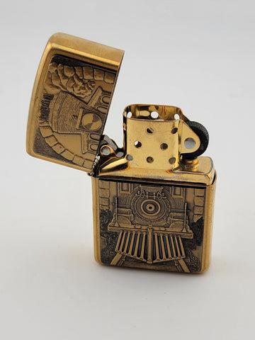 UNFIRED 1995 SOLID BRASS ZIPPO WIND PROOF LIGHTER GREAT AMERICAN TRAIN W BOX