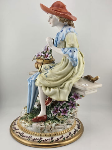 Vintage Dresden RK Germany Large Porcelain Figurine Lady W Parasol Flowers 12”
