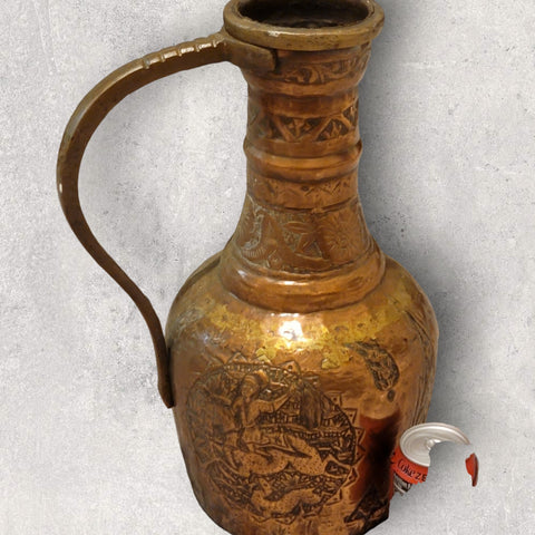 19th C Huge 18" Antique Indo Persian Qajar Islamic Copper Jug. Heavily Engraved.